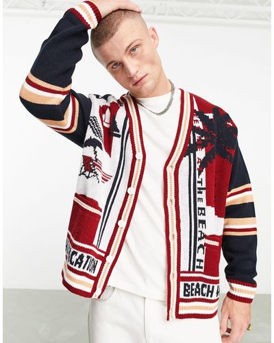 ASOS Oversized Knitted Cardigan With Sailing Print - Red
