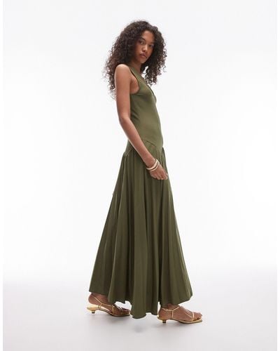 TOPSHOP V Neck Jersey And Pleated Midi Dress - Green