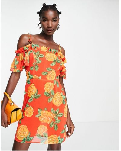TOPSHOP Frill Bardot Tie Shoulder Floral Mini Dress - Orange