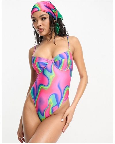 South Beach – bügel-badeanzug mit hohem beinausschnitt und neonfarbenem marmorprint - Mehrfarbig