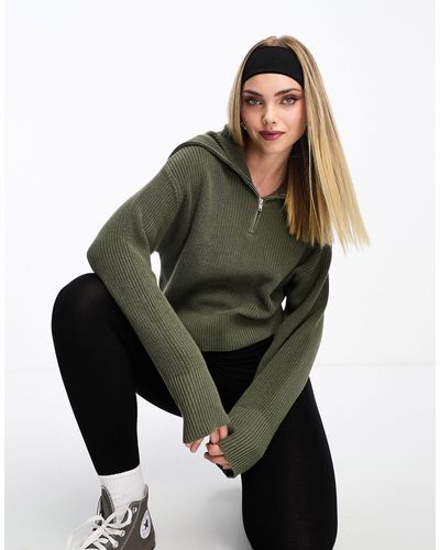 Monki High Zip Neck Knitted Sweater - Green