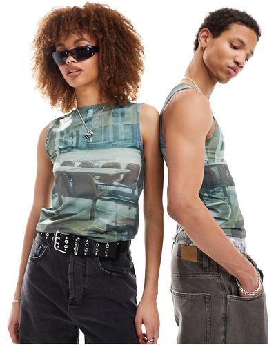 Collusion Unisex All Over Printed Shrunken Tank Top - Blue