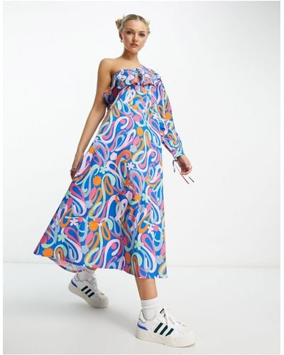 Native Youth One-shoulder Paint Print Midaxi Dress - Blue