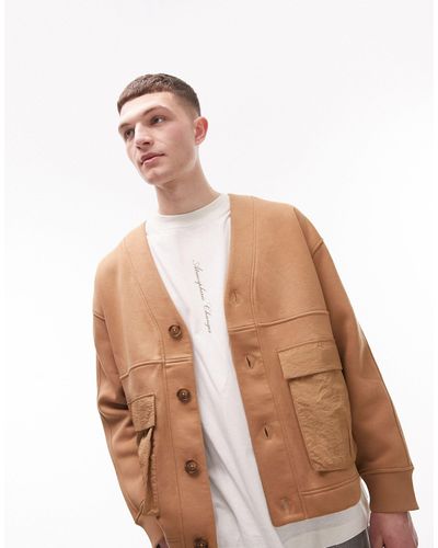 TOPMAN Oversized Cardigan With Nylon Pockets - Natural