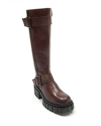 OFF THE HOOK Finchley High Leg Buckle Strap Leather Zip Biker Boots - Brown