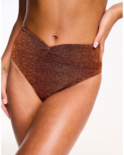 Miss Selfridge Glitter Twist Detail Highwaist Bikini Bottom - Brown