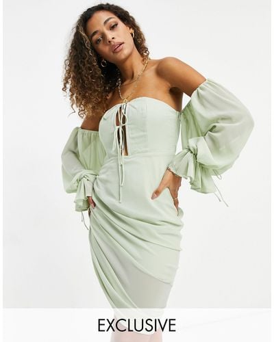 EI8TH HOUR Off Shoulder Mini Dress With Tie Detail - Green