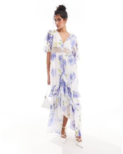 ASOS Lace Cut Out Dress Button Through Ruffle Hem Midi Dress - White