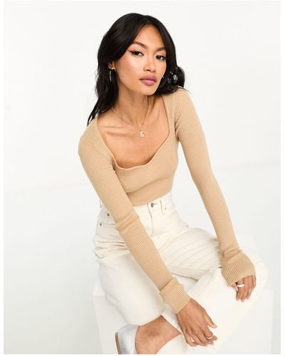 Y.A.S Sweetheart Neck Knitted Top - Natural