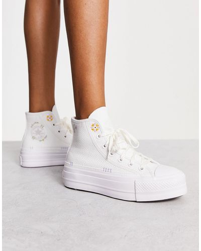 Converse Lift hi - sneakers bianche con fiori ricamati e plateau - Bianco