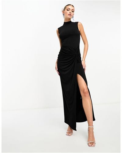 Flounce London High Neck Maxi Dress With Ruched Detail - Black