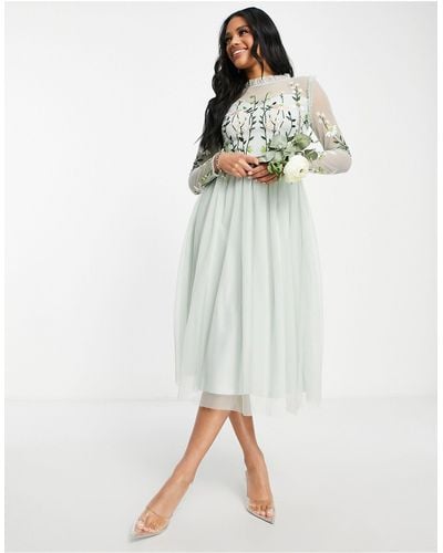 Frock and Frill Bridesmaid Maxi Dress With Pleated Skirt And Embroidered Top - Green