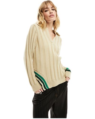 Reclaimed (vintage) Sporty Collared Knitted Top With Green Stripe-brown - White