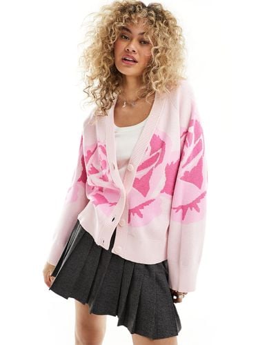 Monki Knitted V Neck Cardigan With Oversize Pink Rose Pattern