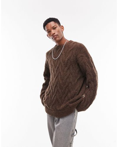 TOPMAN Sweater With Enlarged Cable - Brown