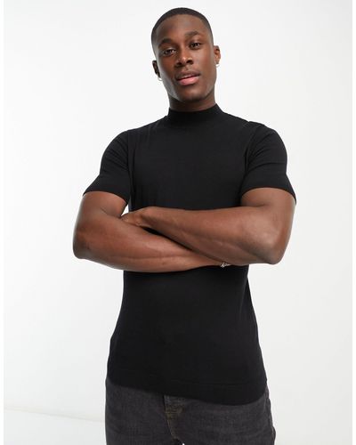 ASOS Muscle Fit Lichtgewicht T-shirt Van Gebreid Katoen Met Col - Zwart