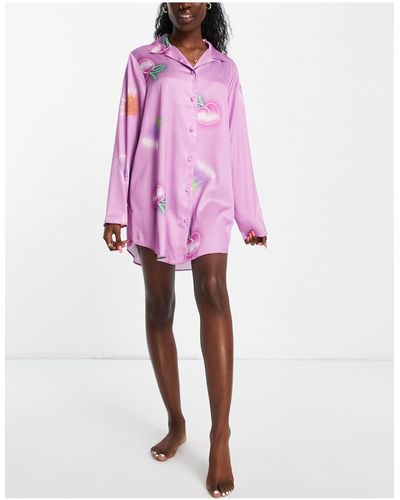 ASOS Satijnen Nachthemd Met Neonlicht-print - Roze