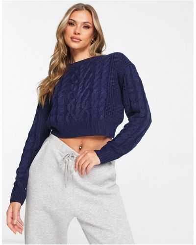 Brave Soul Tally Cropped Cable Knit Sweater - Blue