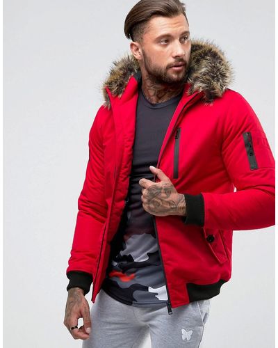 Good For Nothing Bomber Jacket In Red With Faux Fur Hood