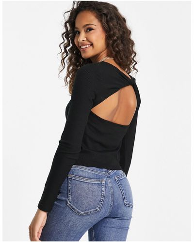 New Look Open Back Long Sleeved Ribbed Top - Black