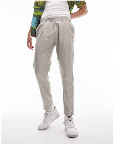 TOPMAN Tapered Linen Mix Trousers - Natural