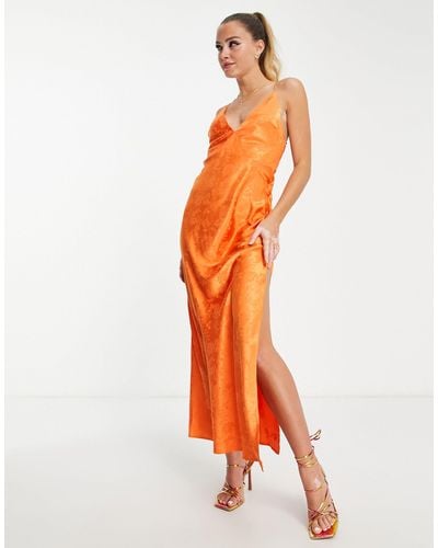 Miss Selfridge Satin Jacquard Lace Back Midaxi Slip Dress - Orange