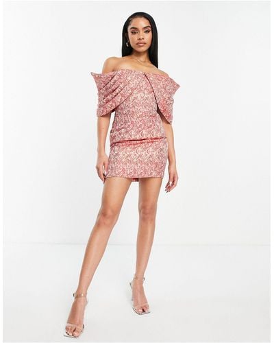 ASOS Pleated Bardot Jacquard Mini Dress - Pink