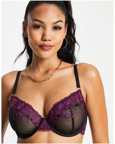 Wolf & Whistle Exclusive Fuller Bust Contrast Floral Embroidered Mesh Balconette Bra - Black