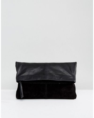 ASOS Design Leather Soft Foldover Clutch Bag - Black