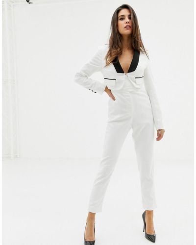 Lavish Alice White Cropped Blazer Jumpsuit With Black Lapel