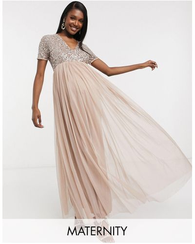 Maya Maternity Bridesmaid V Neck Maxi Tulle Dress With Tonal Delicate Sequins In Taupe Blush - Multicolor