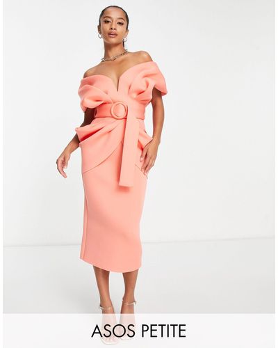 ASOS Asos Design Petite - Midi-jurk Met Gedrapeerde Schouders En Riem - Roze