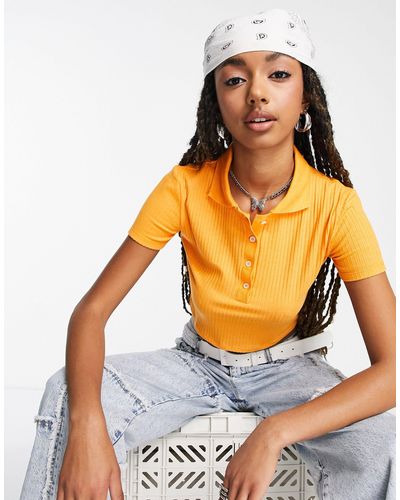 Pull&Bear Cropped Button Down Polo Top - Orange