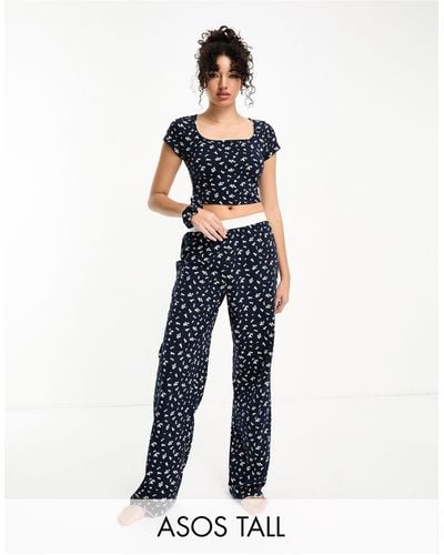 ASOS Tall Mix & Match Ditsy Print Pajama Trouser With Exposed Waistband And Picot Trim - Blue
