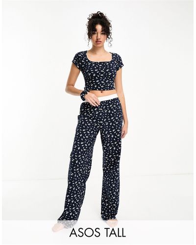 ASOS Tall Mix & Match Ditsy Print Pyjama Trouser With Exposed Waistband And Picot Trim - Blue