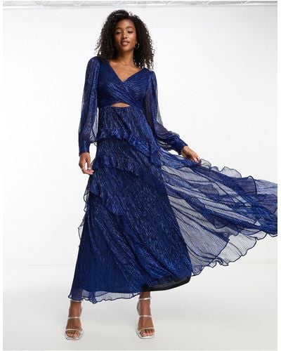 EVER NEW Sheer Sleeve Cut-out Plisse Maxi Dress - Blue