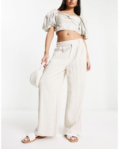 Stradivarius Linen Mix Slouchy Trousers - Natural
