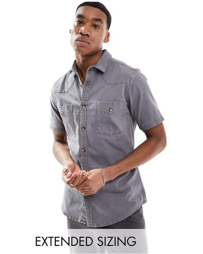 ASOS Short Sleeve Slim Western Denim Shirt - Grey