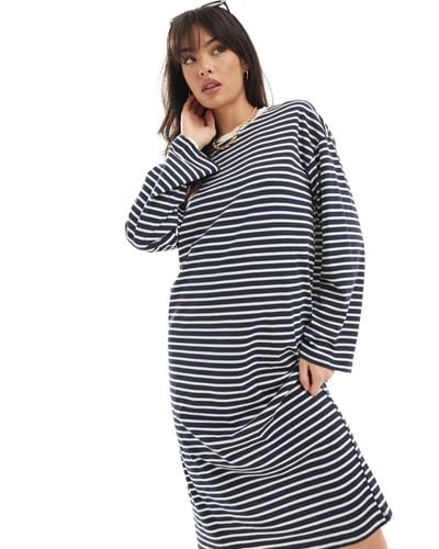 Pieces Oversized Long Sleeve Stripe T-shirt Midi Dress - Blue