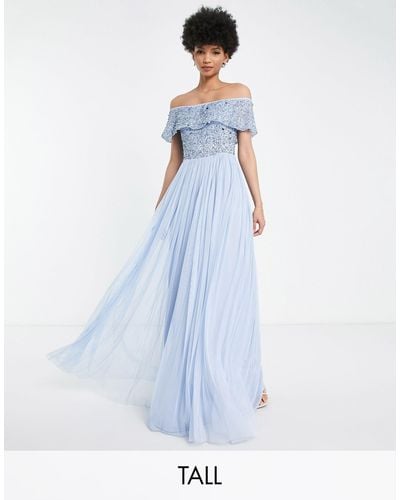 Beauut Tall - Bruidsmeisjes - Maxi-jurk Met Bardot Halslijn En Versiering - Blauw