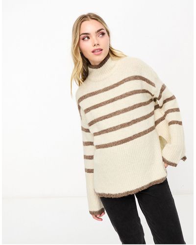 Vero Moda High Neck Oversized Stripe Sweater - Natural