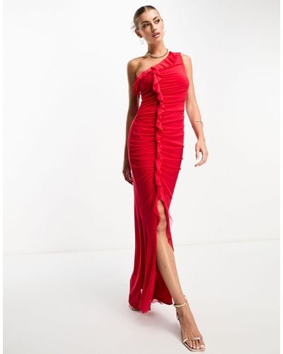 Flounce London Flounce Ruched Mesh Maxi Dress With Frill Detail - Red