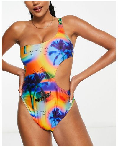 Collusion Palm Print Cut Out One Shoulder Swimsuit - Multicolour