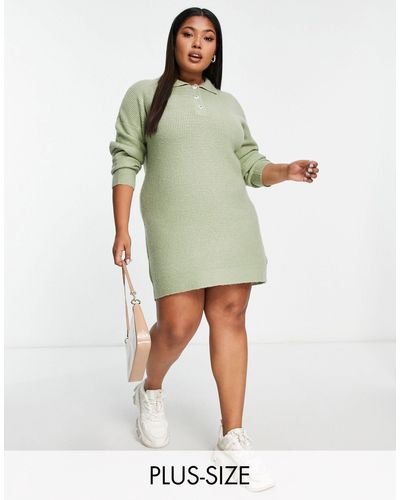 Brave Soul Plus Radu Knitted Polo Jumper Dress - Green