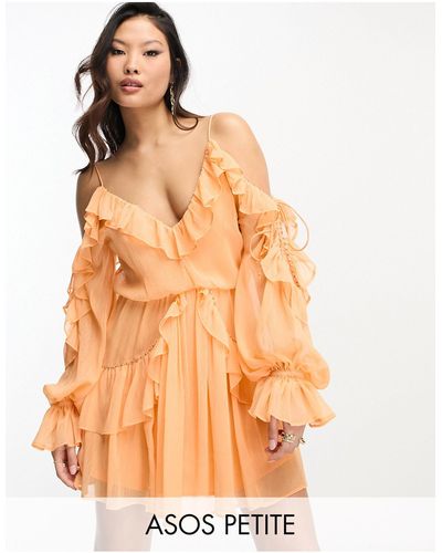 ASOS Asos Design Petite - Mini-jurk Met Studs, Strikjes, Ruches En Overslag - Oranje