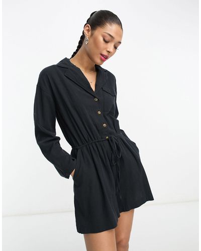 ASOS Slouchy Linen Look Shirt Playsuit With Long Sleeve - Blue