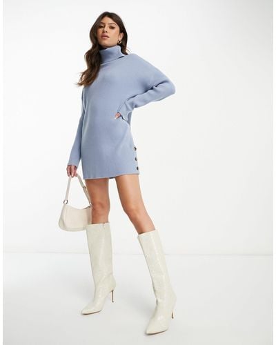 Aria Cove Roll Neck Oversized Knitted Jumper Dress With Button Detail - Blue