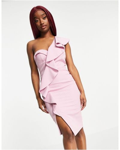 Lavish Alice One Shoulder Drape Ruffle Corset Detail Midi Dress - Pink