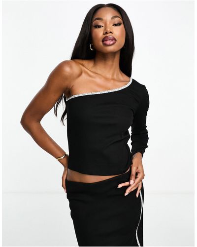 Something New X Aisha Potter One Shoulder Ribbed Top Co-ord With Contrast Tipping - Black