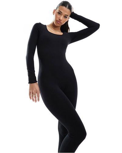 In The Style X Perrie Sian Premium Jersey Long Sleeve Square Neck Unitard - Black